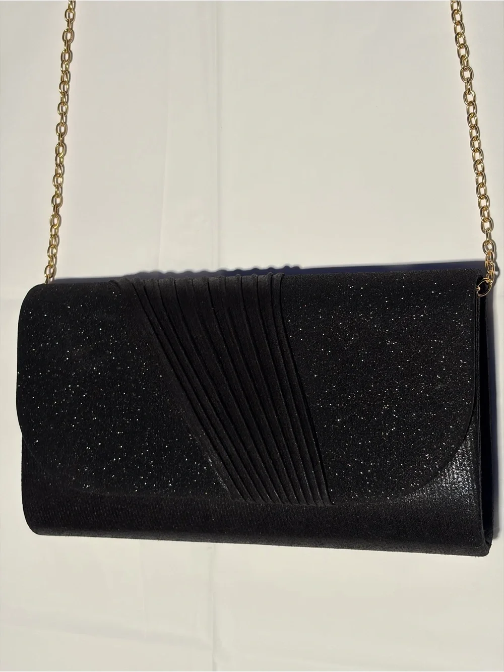Black Glitter Evening Clutch with Gold Chain Strap